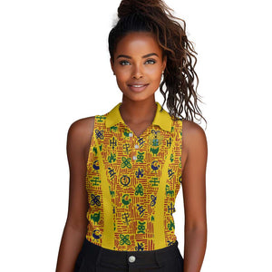 Custom Ghana Football Women Sleeveless Polo Shirt Yellow Adinkra Pattern - African Pride