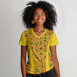 Custom Ghana Football Women V-Neck T-Shirt Yellow Adinkra Pattern - African Pride