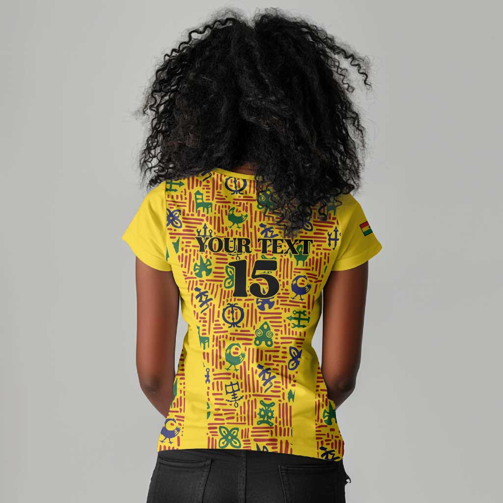 Custom Ghana Football Women V-Neck T-Shirt Yellow Adinkra Pattern - African Pride