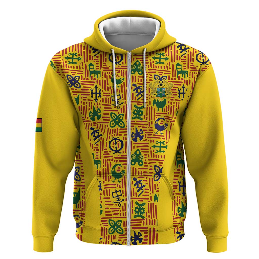 Custom Ghana Football Zip Hoodie Yellow Adinkra Pattern - African Pride