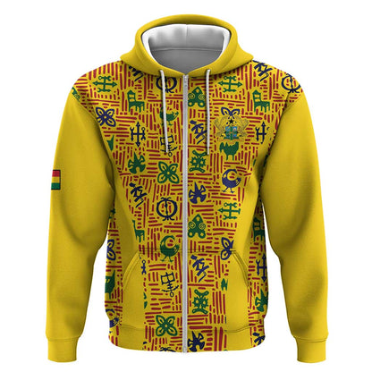 Custom Ghana Football Zip Hoodie Yellow Adinkra Pattern - African Pride