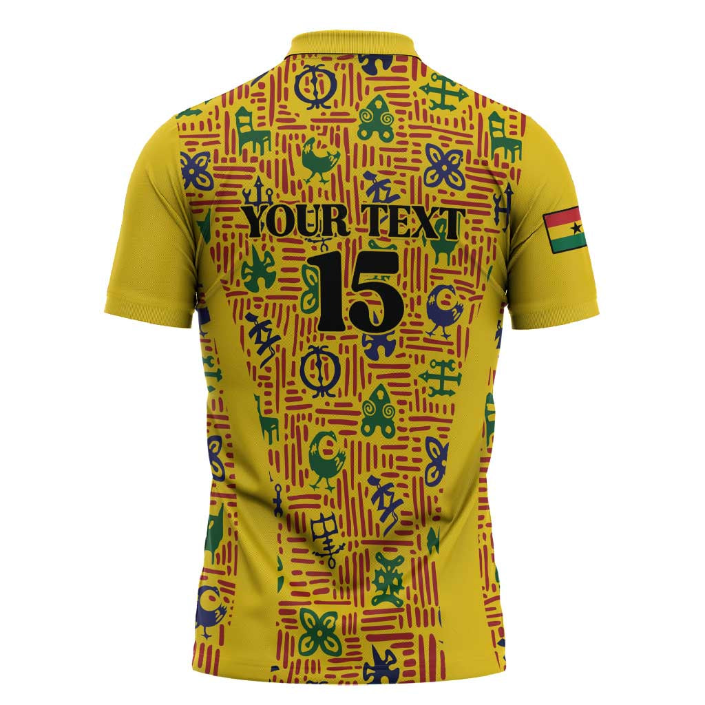 Custom Ghana Football Zipper Polo Shirt Yellow Adinkra Pattern - African Pride
