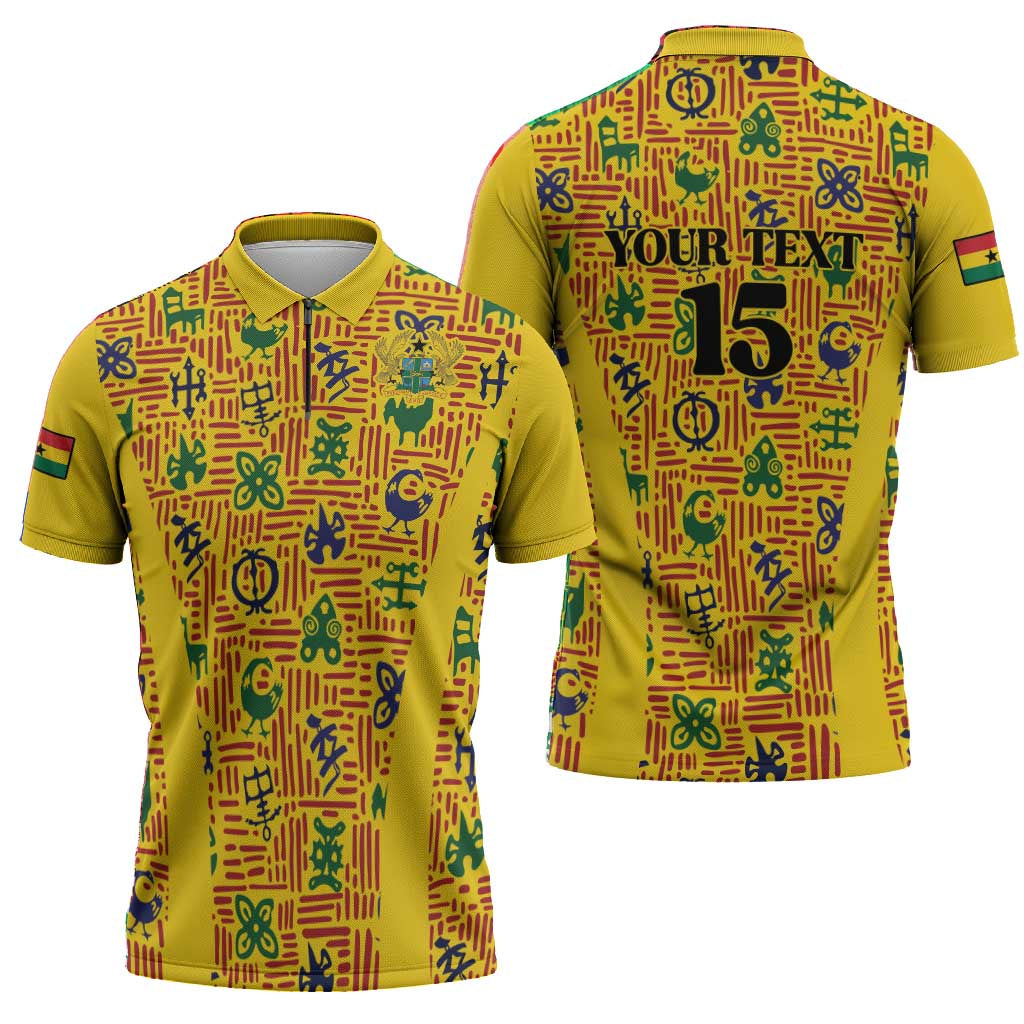 Custom Ghana Football Zipper Polo Shirt Yellow Adinkra Pattern - African Pride