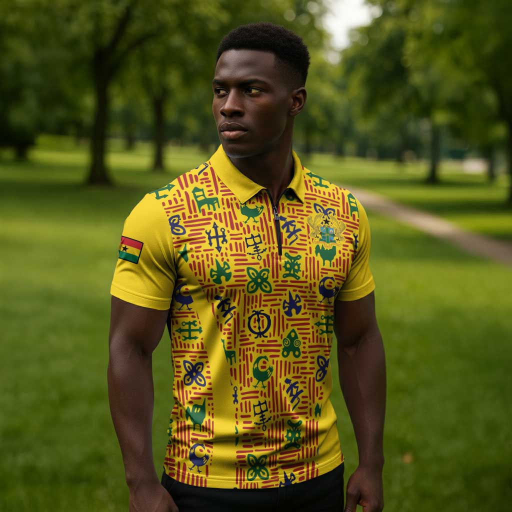 Custom Ghana Football Zipper Polo Shirt Yellow Adinkra Pattern - African Pride