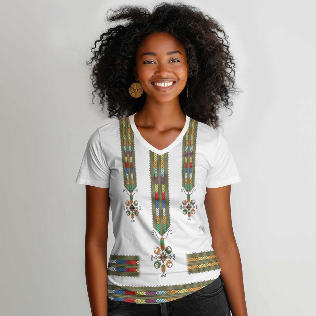 Ethiopia Women V-Neck T-Shirt Ethiopian Traditional Habesha Style