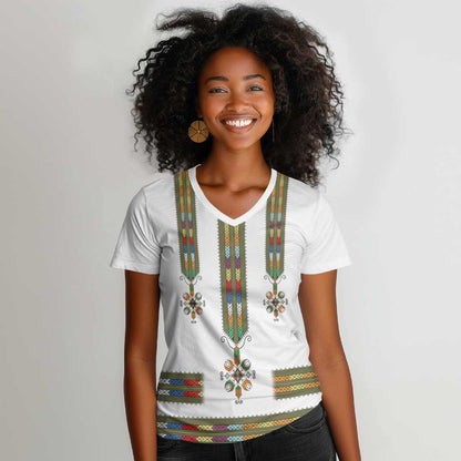 Ethiopia Women V-Neck T-Shirt Ethiopian Traditional Habesha Style