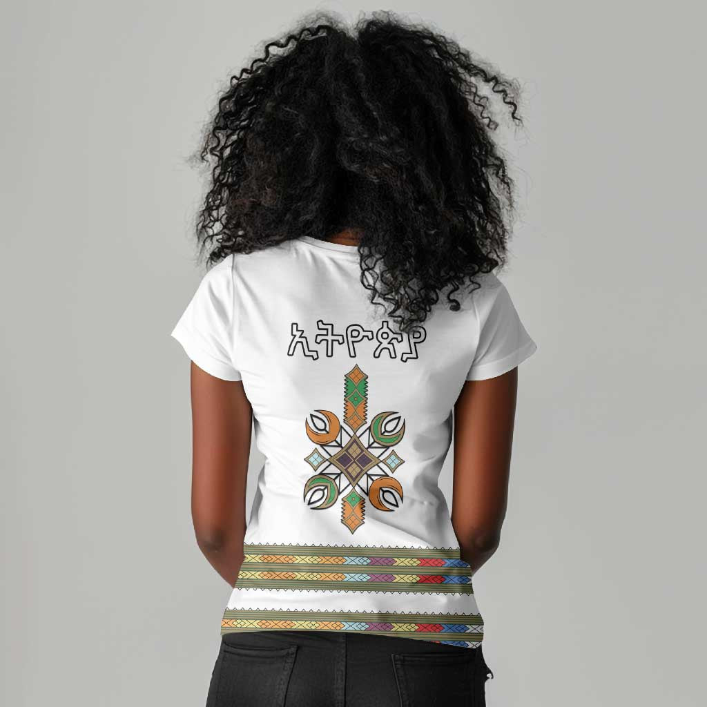 Ethiopia Women V-Neck T-Shirt Ethiopian Traditional Habesha Style
