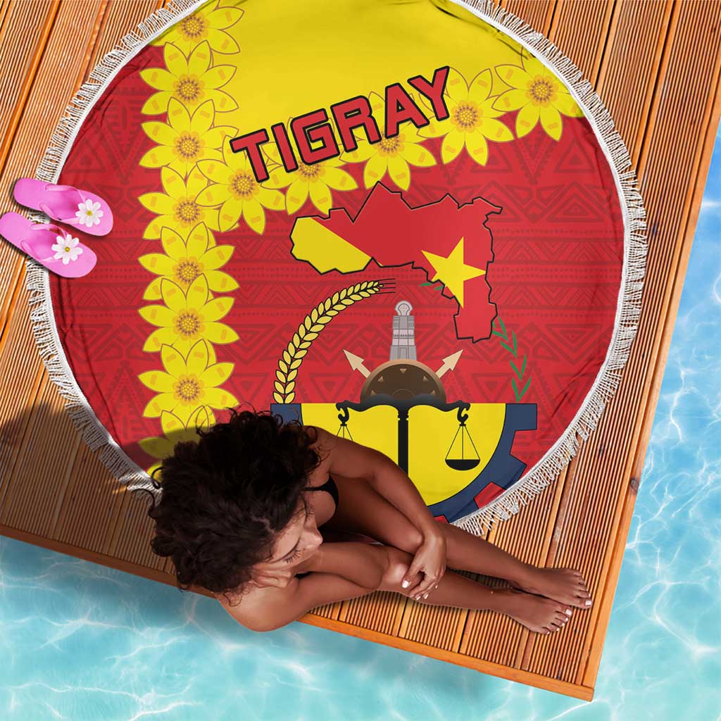 Tigray Ethiopia Beach Blanket Tigray Seal With Flag Map - African Pattern
