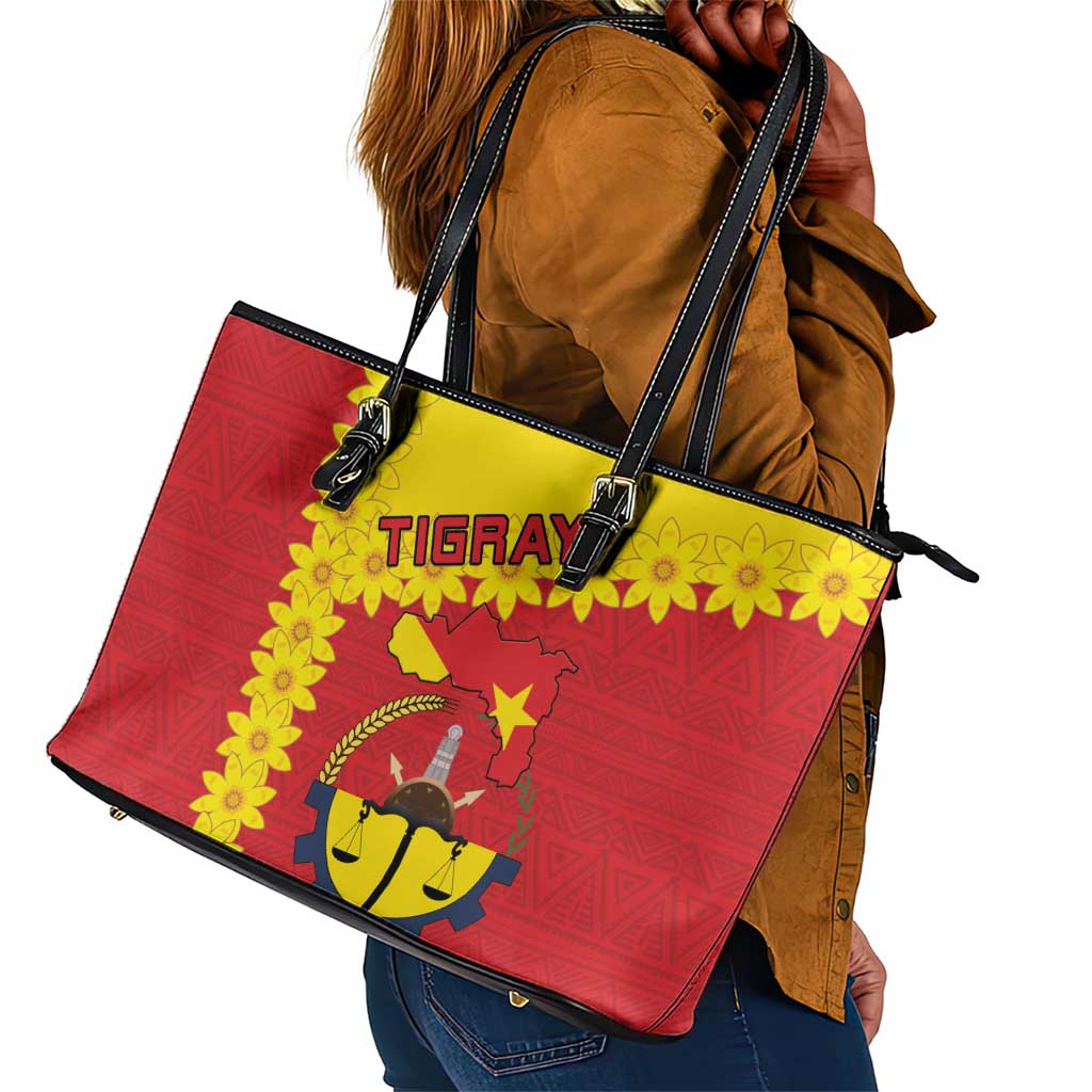 Tigray Ethiopia Leather Tote Bag Tigray Seal With Flag Map - African Pattern