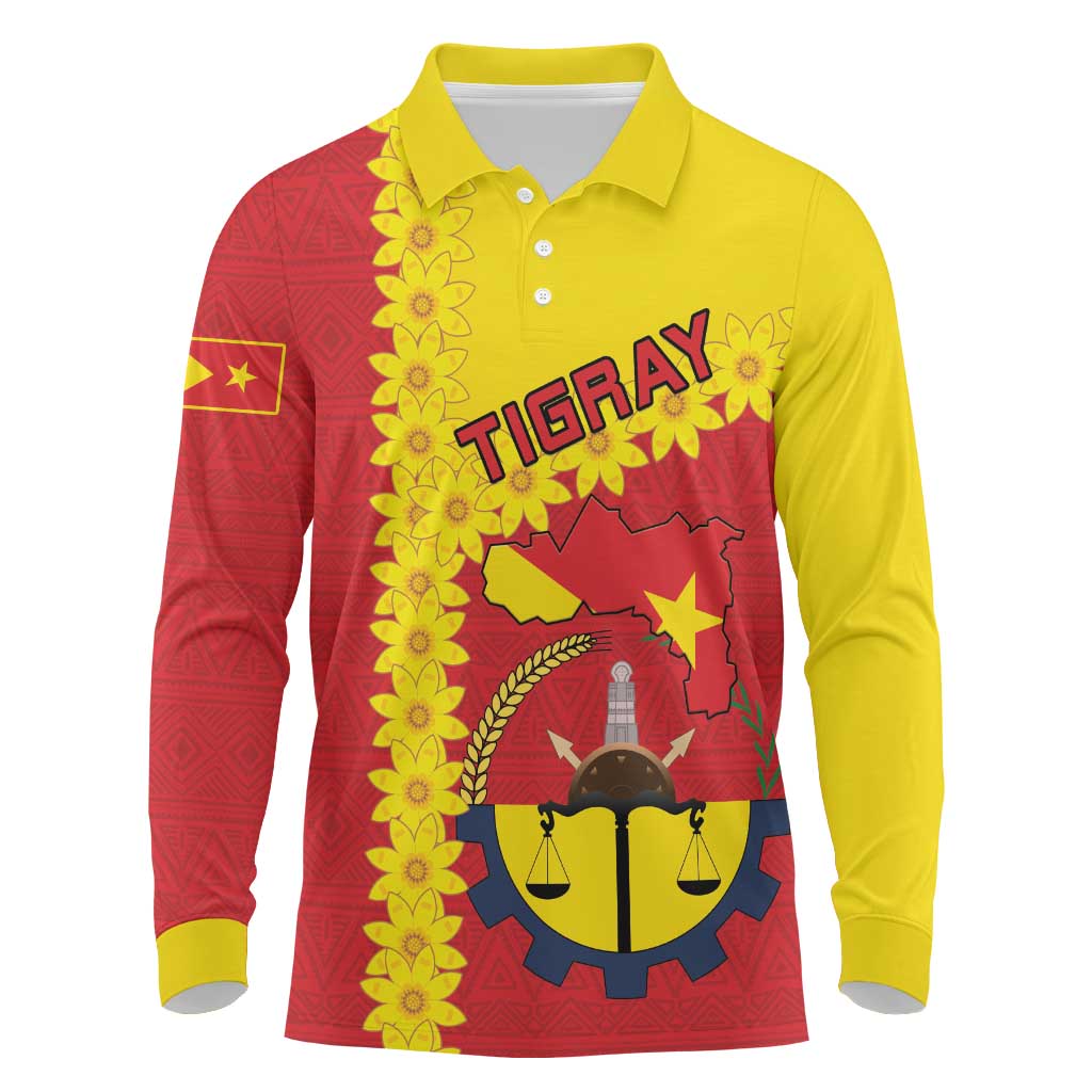 Tigray Ethiopia Long Sleeve Polo Shirt Tigray Seal With Flag Map - African Pattern