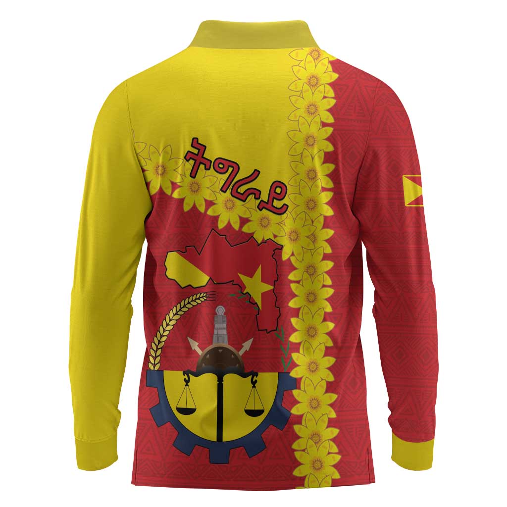 Tigray Ethiopia Long Sleeve Polo Shirt Tigray Seal With Flag Map - African Pattern