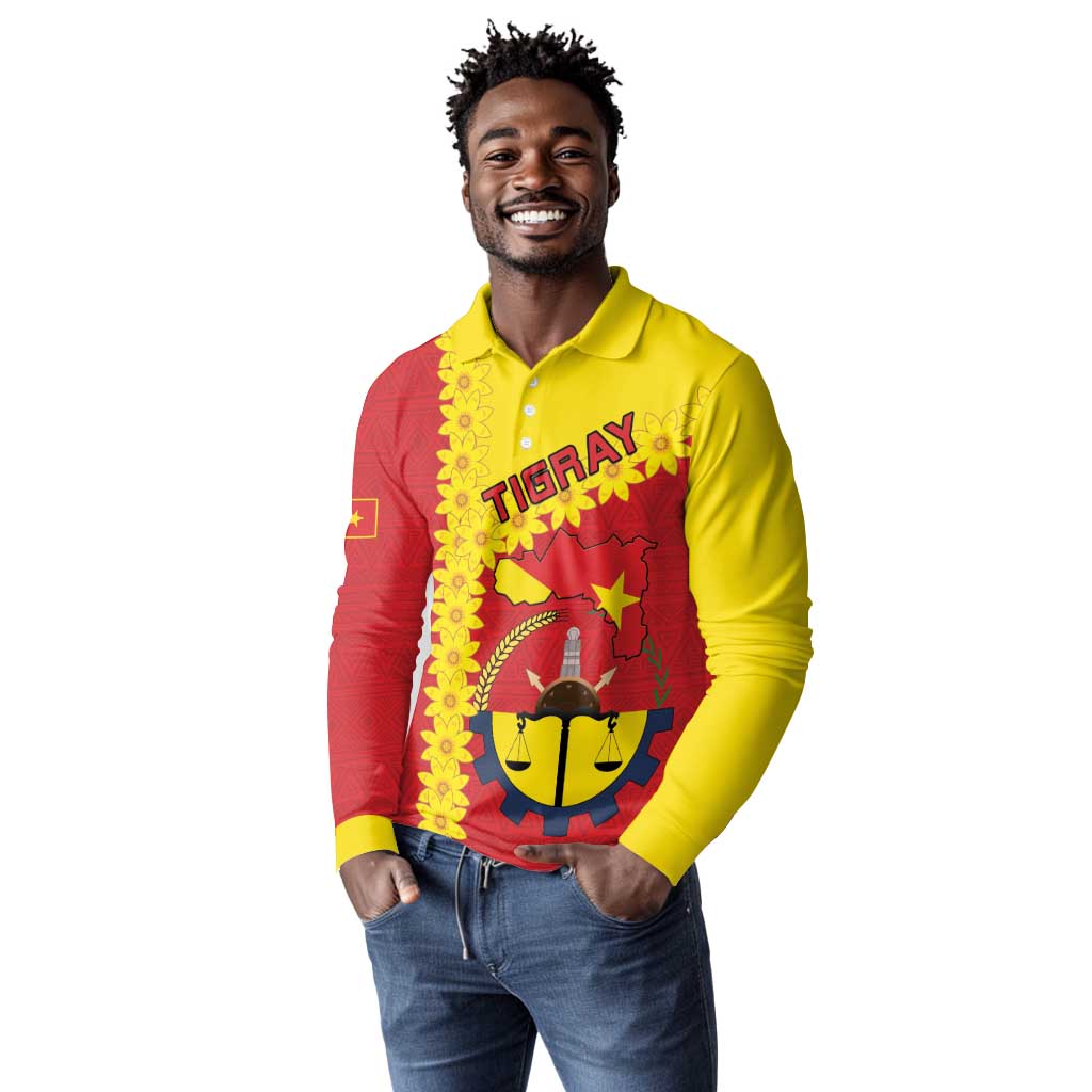 Tigray Ethiopia Long Sleeve Polo Shirt Tigray Seal With Flag Map - African Pattern