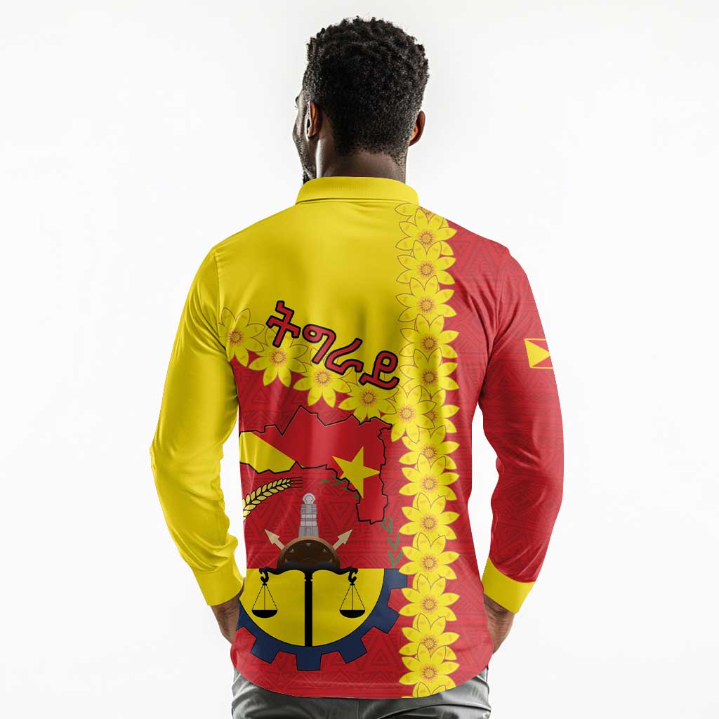 Tigray Ethiopia Long Sleeve Polo Shirt Tigray Seal With Flag Map - African Pattern