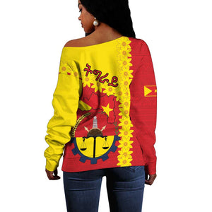 Tigray Ethiopia Off Shoulder Sweater Tigray Seal With Flag Map - African Pattern