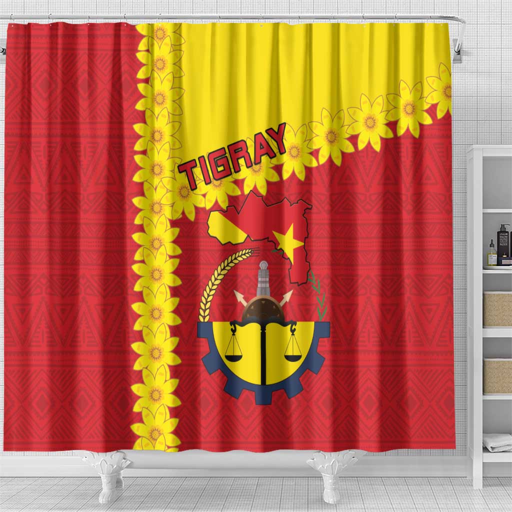 Tigray Ethiopia Shower Curtain Tigray Seal With Flag Map - African Pattern