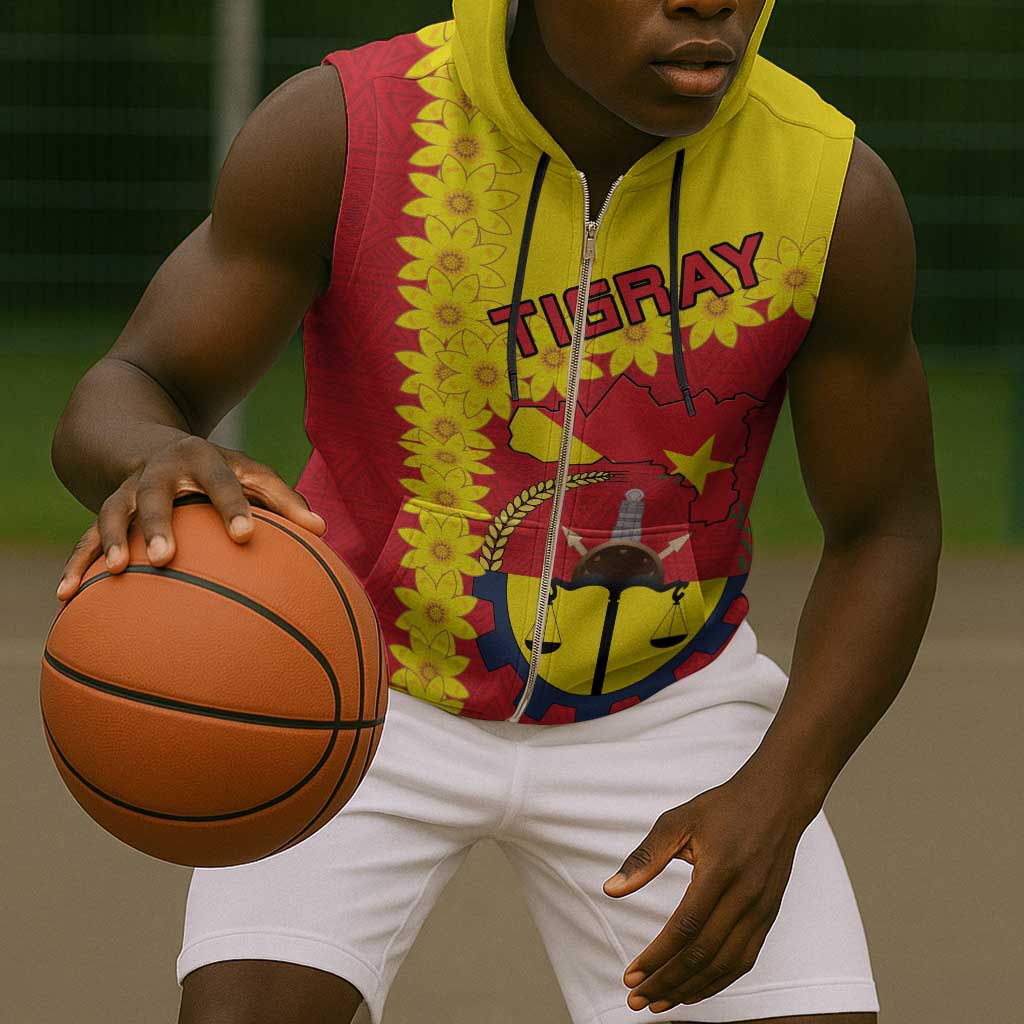 Tigray Ethiopia Sleeveless Zip Hoodie Tigray Seal With Flag Map - African Pattern - African Pride