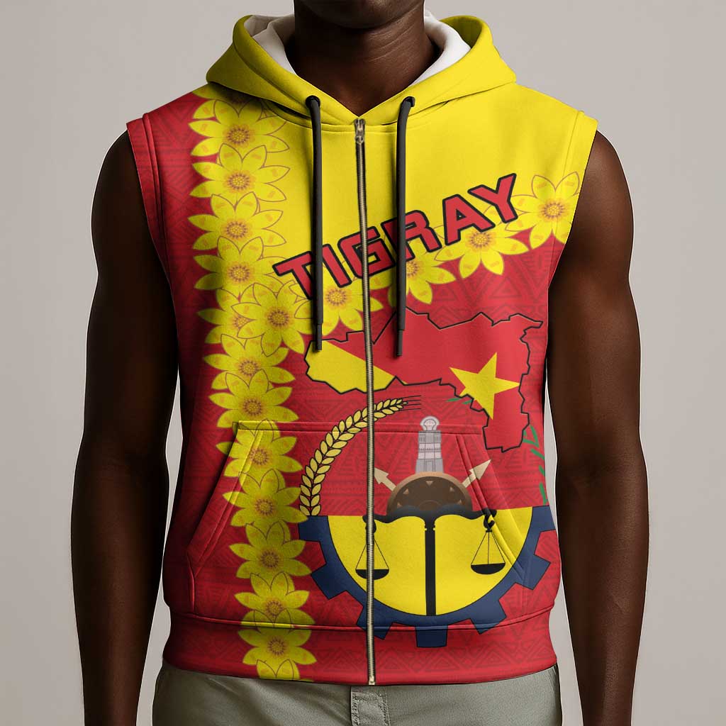 Tigray Ethiopia Sleeveless Zip Hoodie Tigray Seal With Flag Map - African Pattern - African Pride
