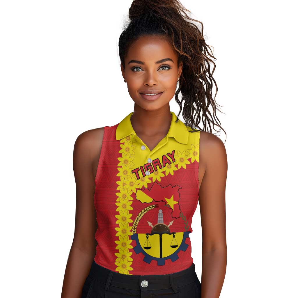 Tigray Ethiopia Women Sleeveless Polo Shirt Tigray Seal With Flag Map - African Pattern