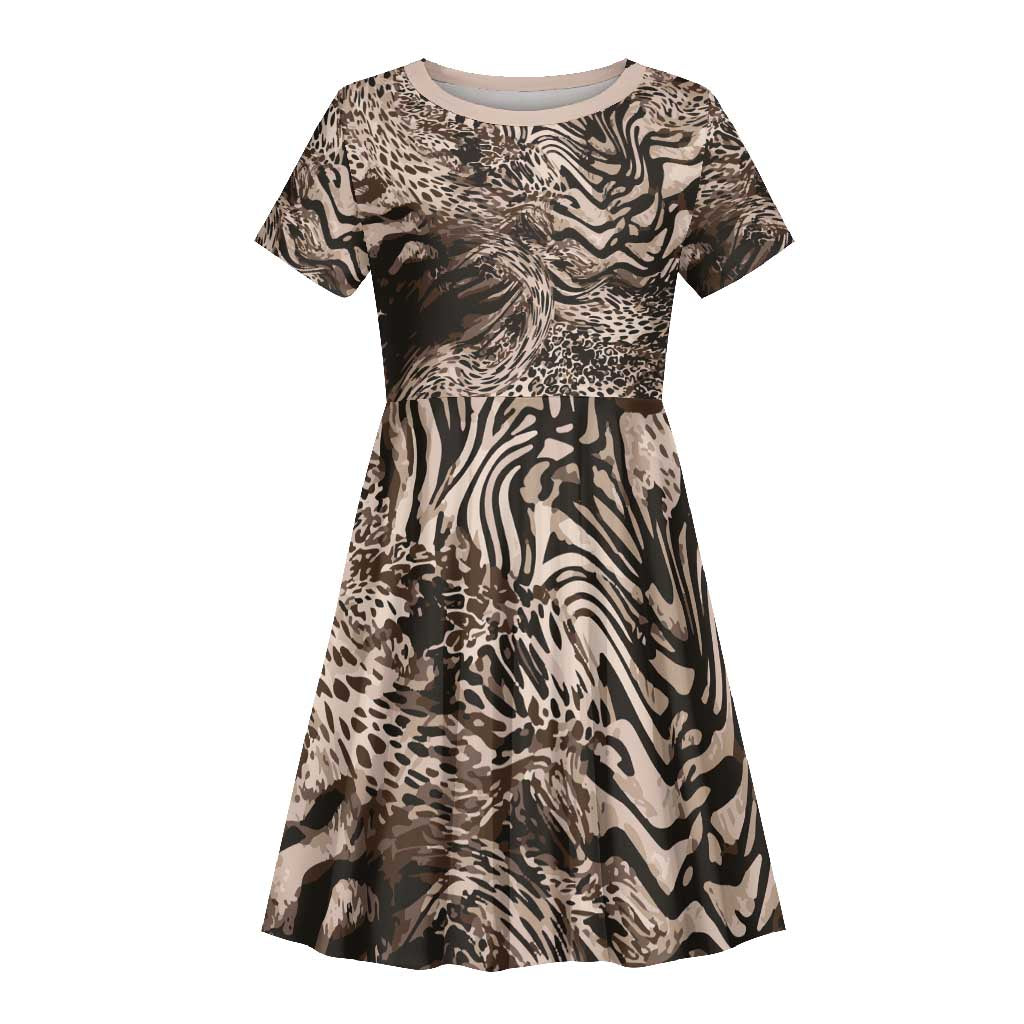 African Safari Zebra Leopard Swirl Pattern Kid Short Sleeve Dress