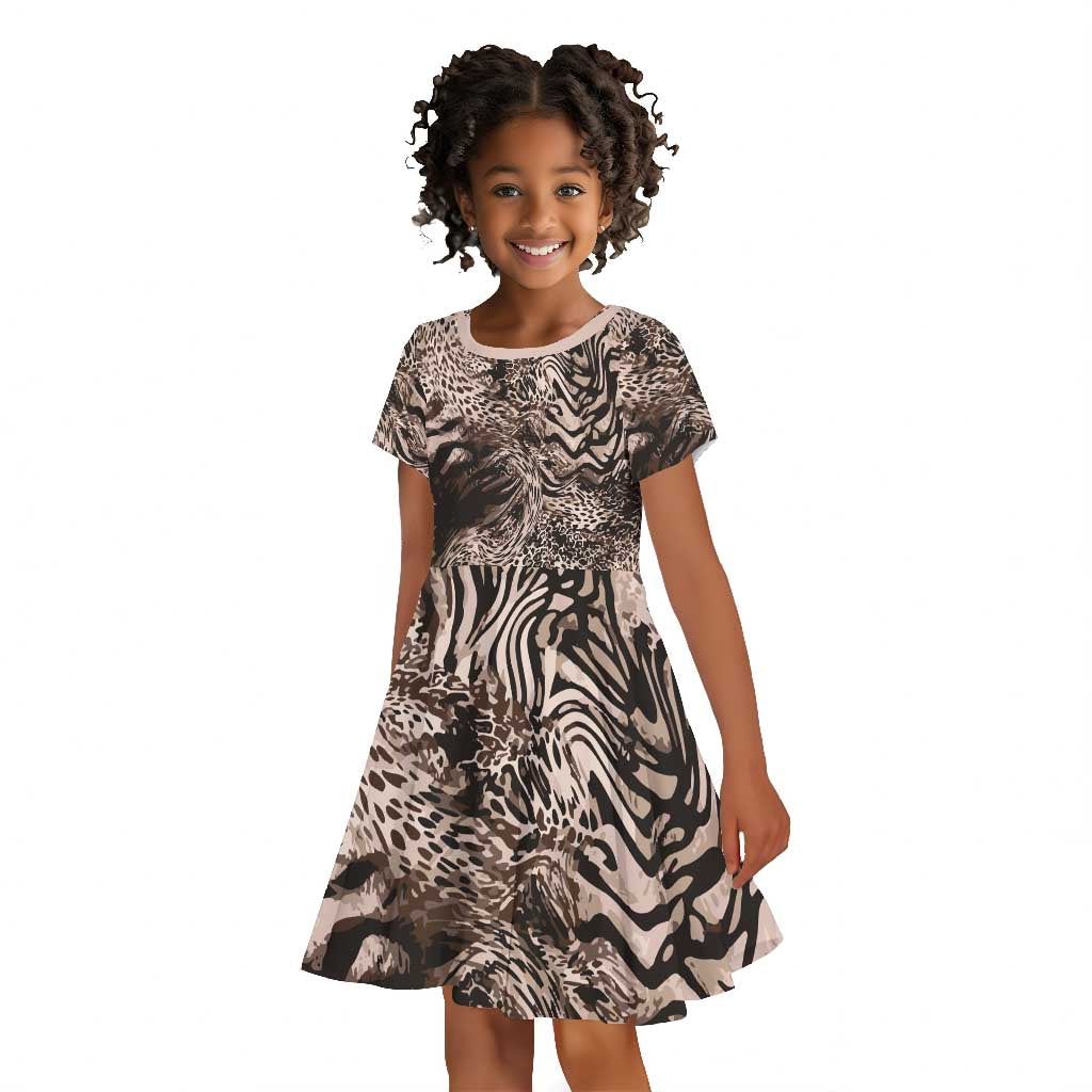 African Safari Zebra Leopard Swirl Pattern Kid Short Sleeve Dress