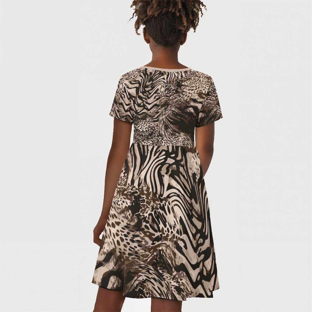 African Safari Zebra Leopard Swirl Pattern Kid Short Sleeve Dress
