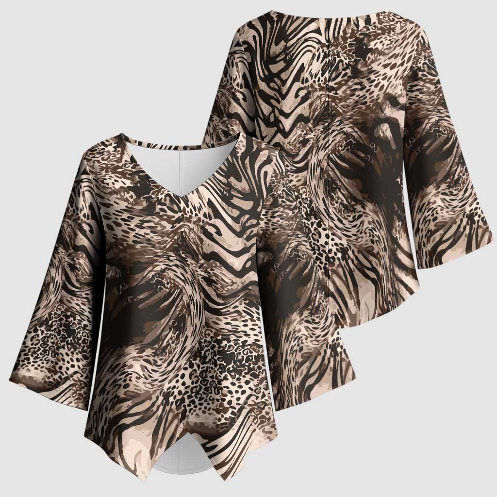 African Safari Zebra Leopard Swirl Pattern Kimono Sleeve Blouse