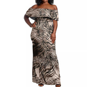 African Safari Zebra Leopard Swirl Pattern Off Shoulder Maxi Dress