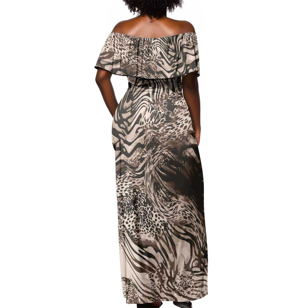 African Safari Zebra Leopard Swirl Pattern Off Shoulder Maxi Dress