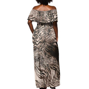 African Safari Zebra Leopard Swirl Pattern Off Shoulder Maxi Dress