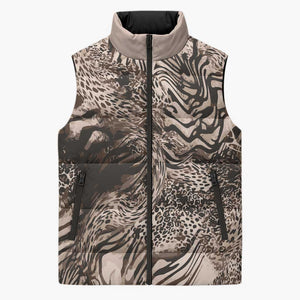 African Safari Zebra Leopard Swirl Pattern Sleeveless Puffer Jacket