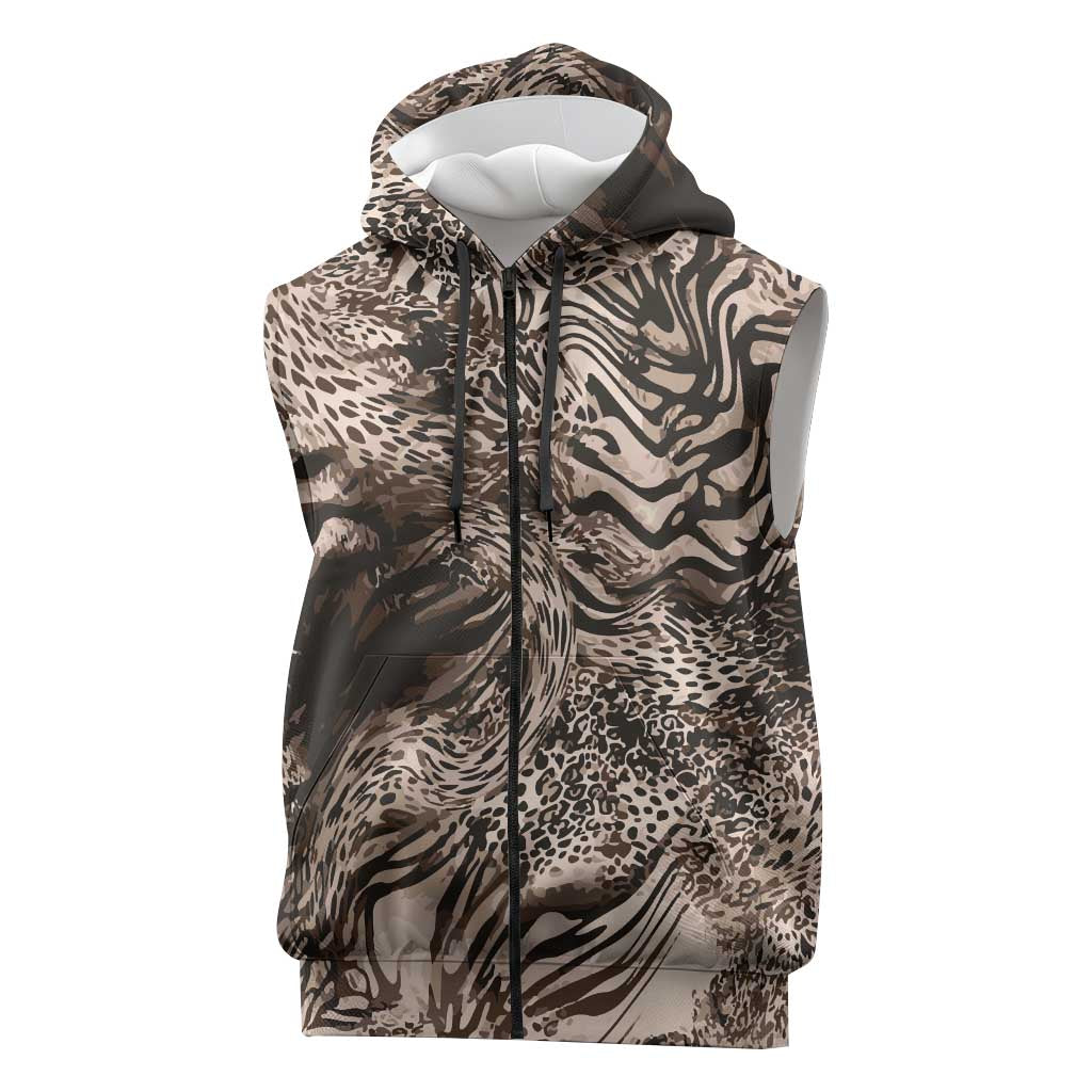 African Safari Zebra Leopard Swirl Pattern Sleeveless Zip Hoodie