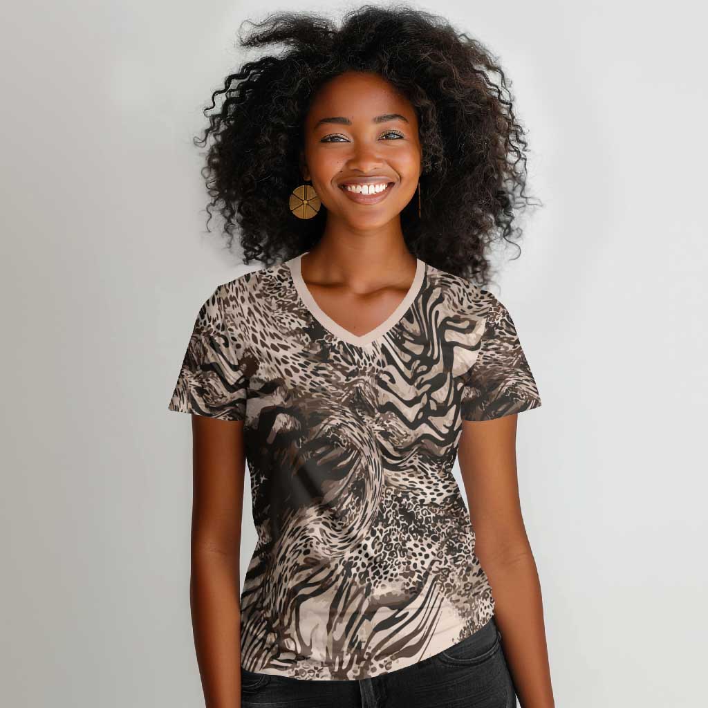 African Safari Zebra Leopard Swirl Pattern Women V-Neck T-Shirt