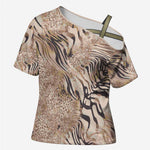 African Zebra Leopard Pattern Cross Shoulder Shirt Sand Taupe Beige