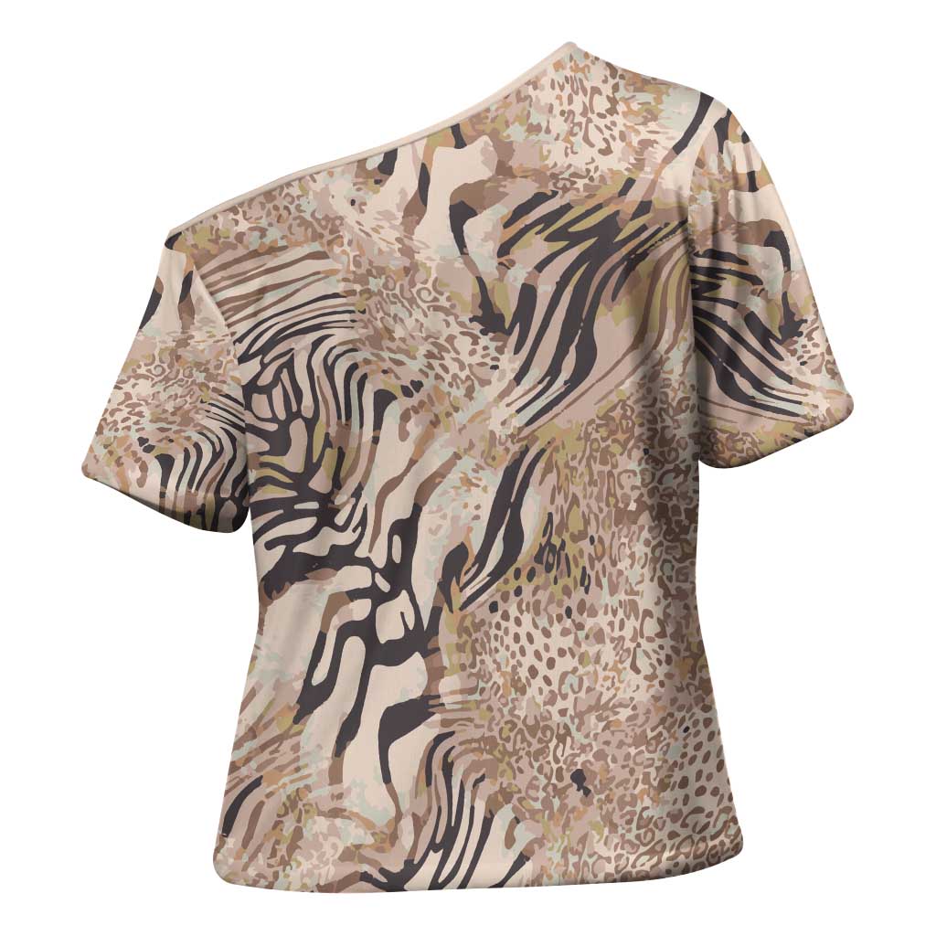African Zebra Leopard Pattern Cross Shoulder Shirt Sand Taupe Beige