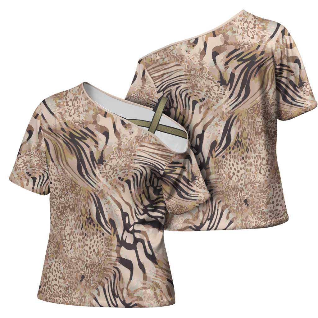 African Zebra Leopard Pattern Cross Shoulder Shirt Sand Taupe Beige