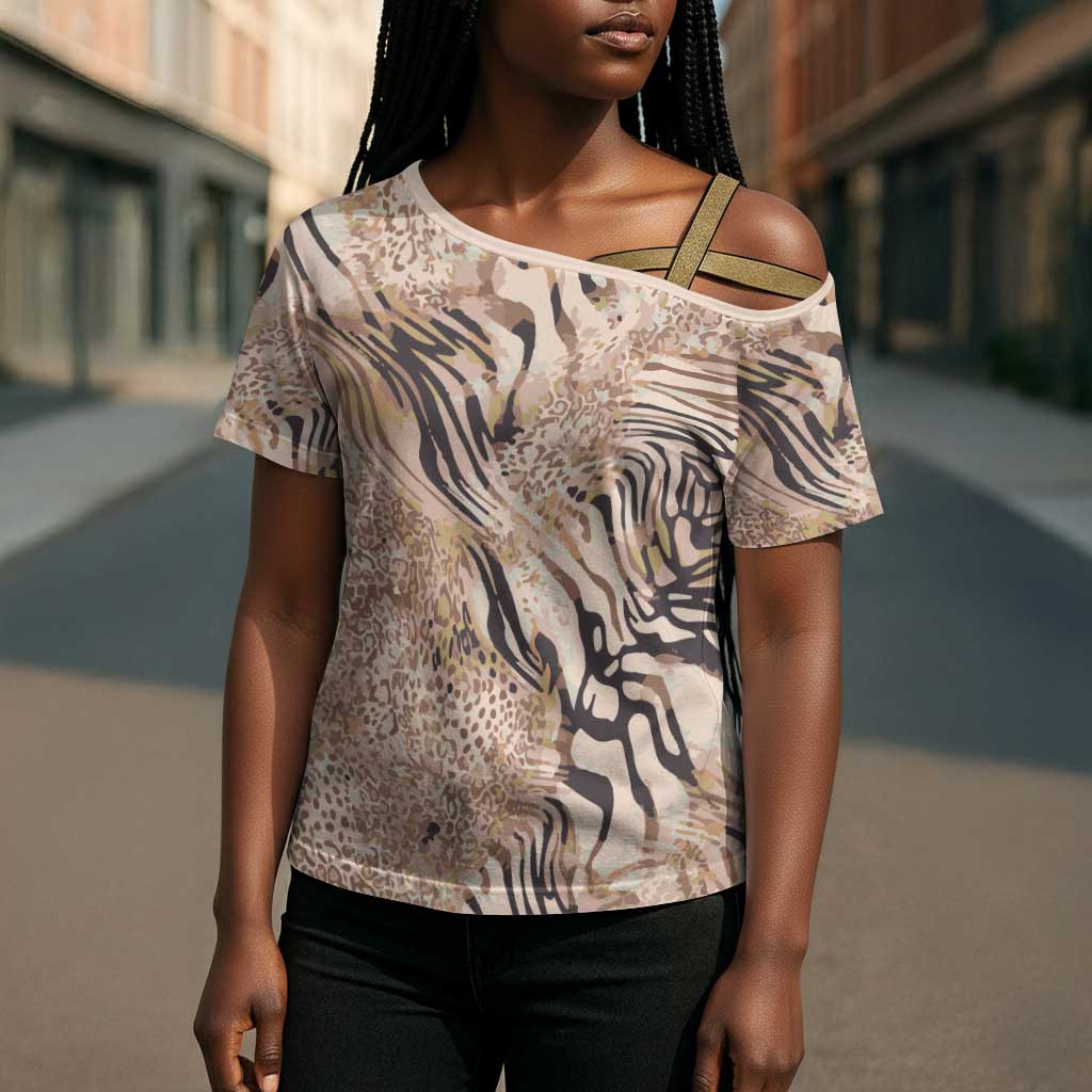 African Zebra Leopard Pattern Cross Shoulder Shirt Sand Taupe Beige