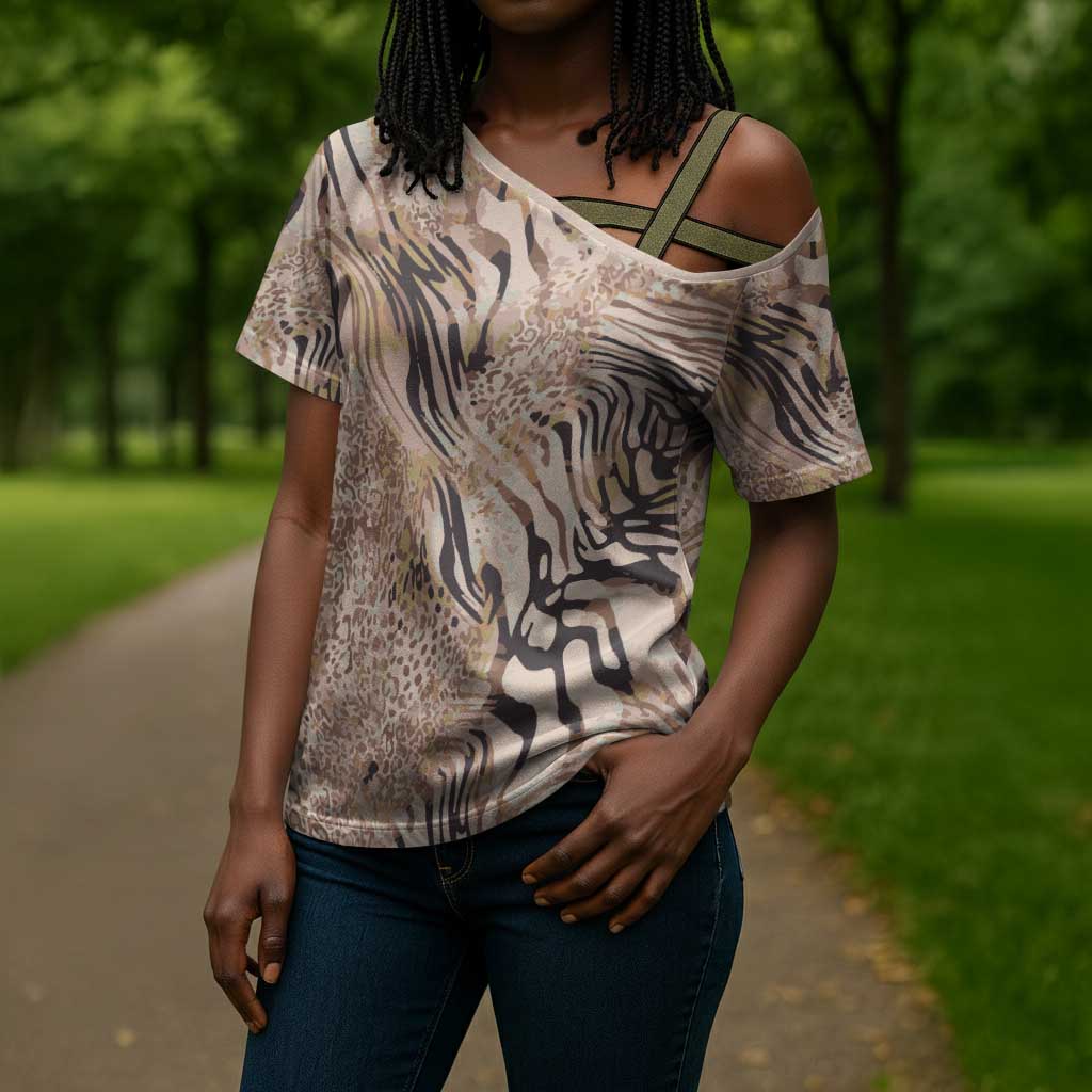 African Zebra Leopard Pattern Cross Shoulder Shirt Sand Taupe Beige