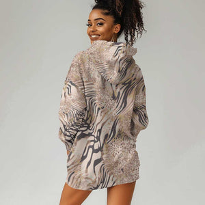 African Zebra Leopard Pattern Hoodie Dress Sand Taupe Beige