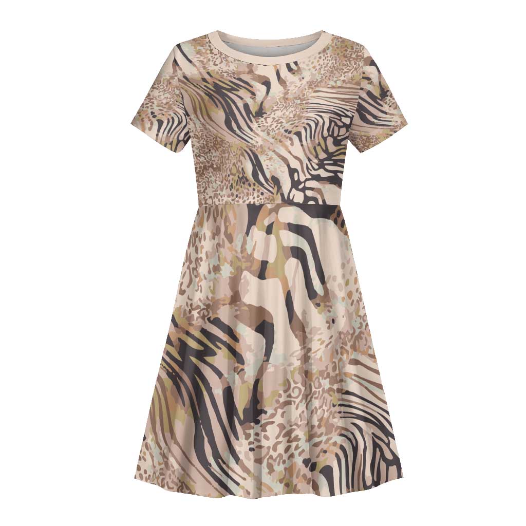 African Zebra Leopard Pattern Kid Short Sleeve Dress Sand Taupe Beige
