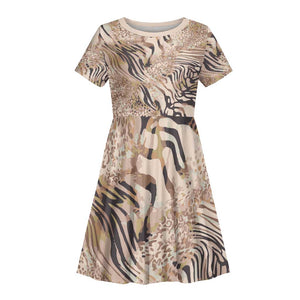 African Zebra Leopard Pattern Kid Short Sleeve Dress Sand Taupe Beige