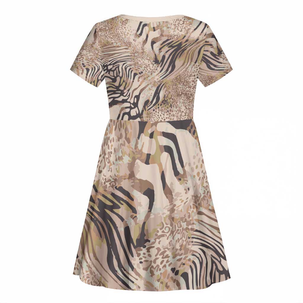 African Zebra Leopard Pattern Kid Short Sleeve Dress Sand Taupe Beige
