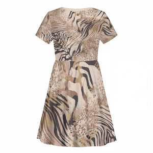 African Zebra Leopard Pattern Kid Short Sleeve Dress Sand Taupe Beige