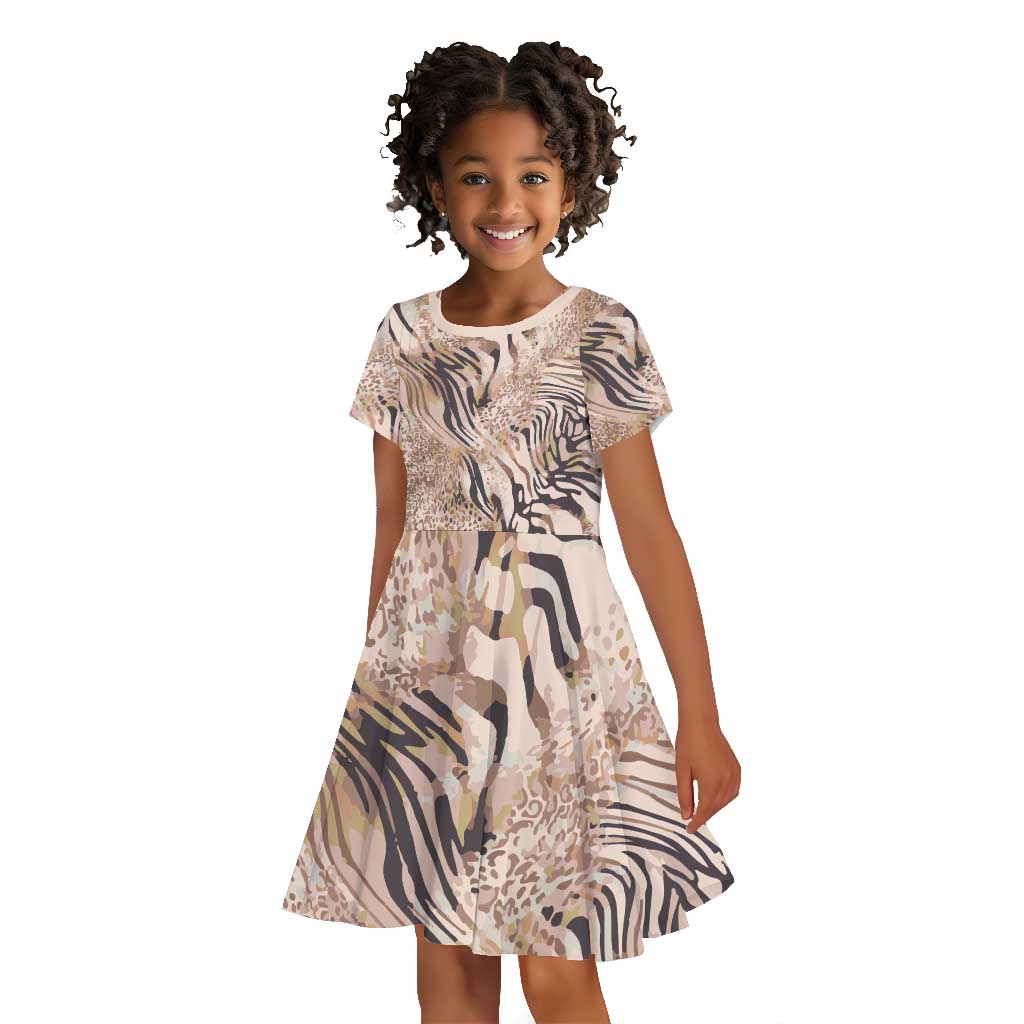 African Zebra Leopard Pattern Kid Short Sleeve Dress Sand Taupe Beige