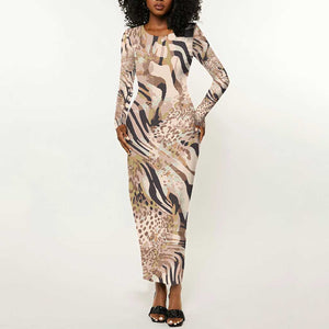African Zebra Leopard Pattern Long Sleeve Bodycon Dress Sand Taupe Beige