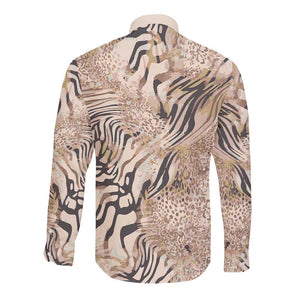 African Zebra Leopard Pattern Long Sleeve Button Shirt Sand Taupe Beige