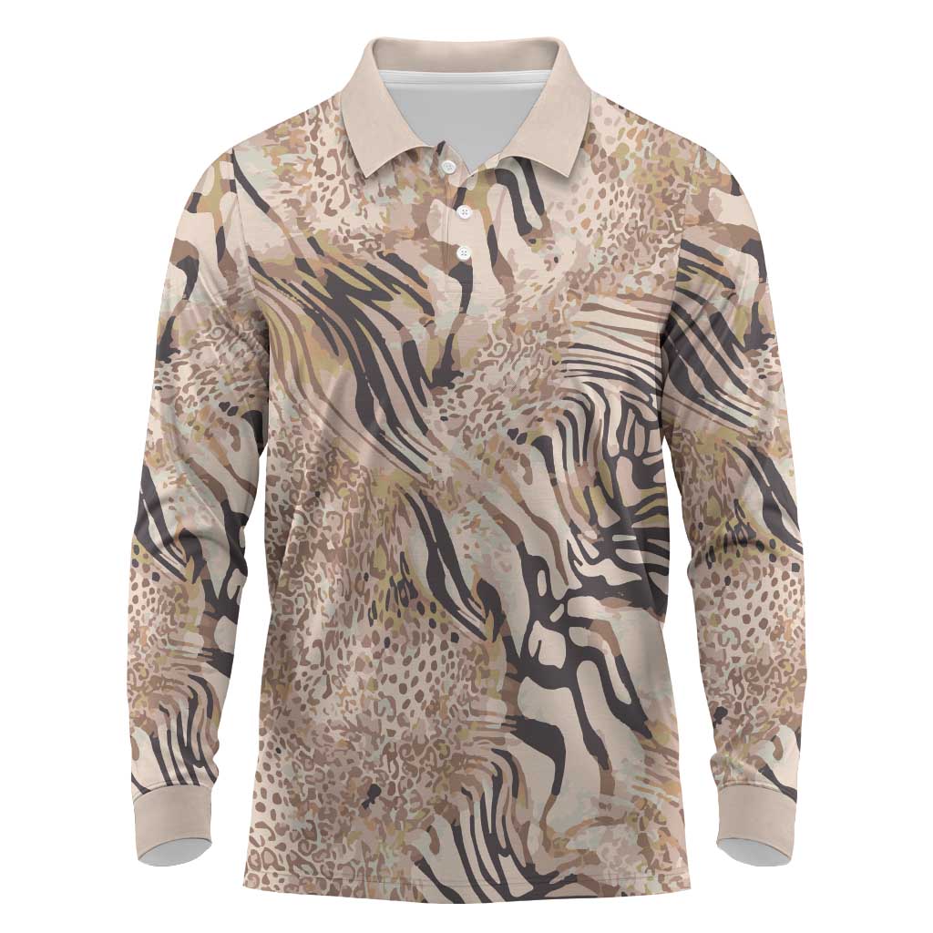 African Zebra Leopard Pattern Long Sleeve Polo Shirt Sand Taupe Beige