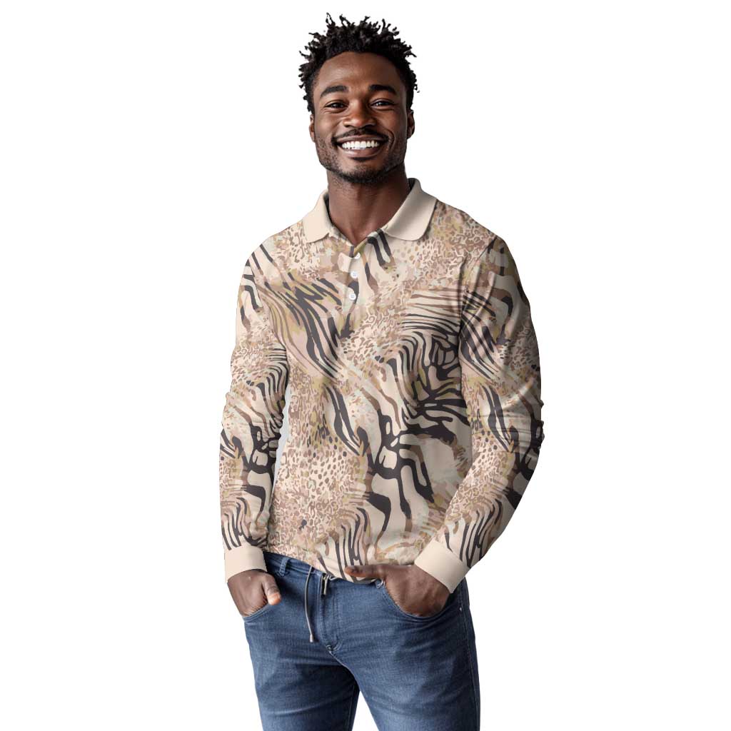 African Zebra Leopard Pattern Long Sleeve Polo Shirt Sand Taupe Beige