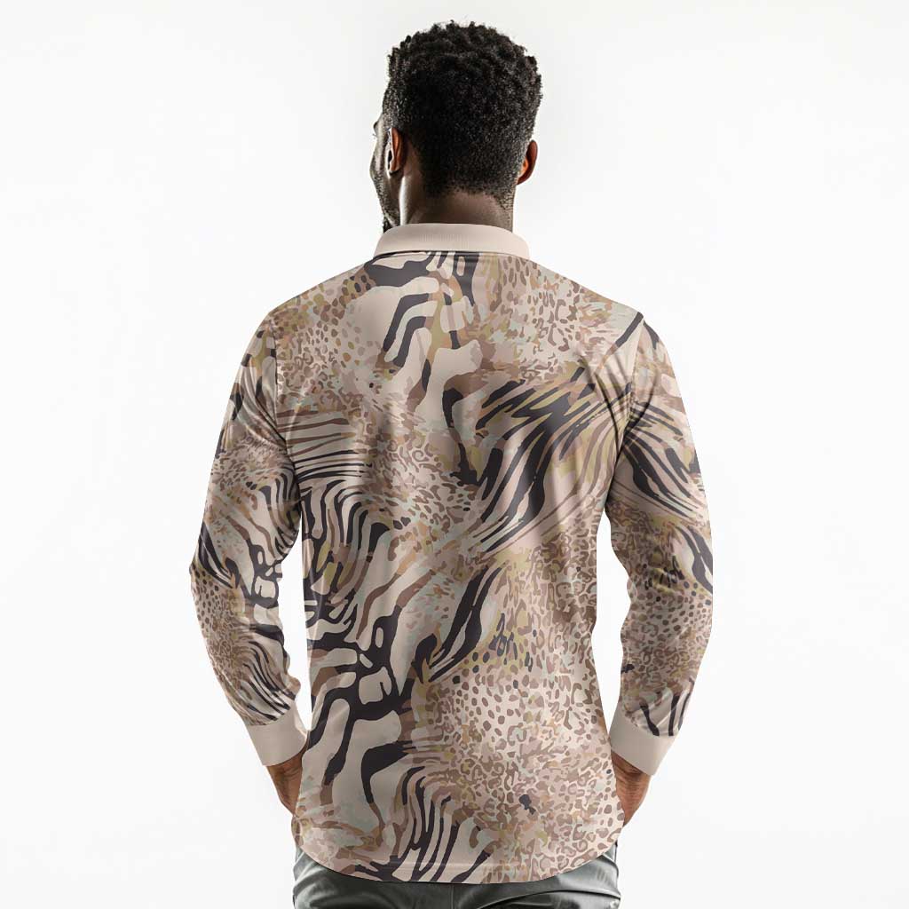 African Zebra Leopard Pattern Long Sleeve Polo Shirt Sand Taupe Beige