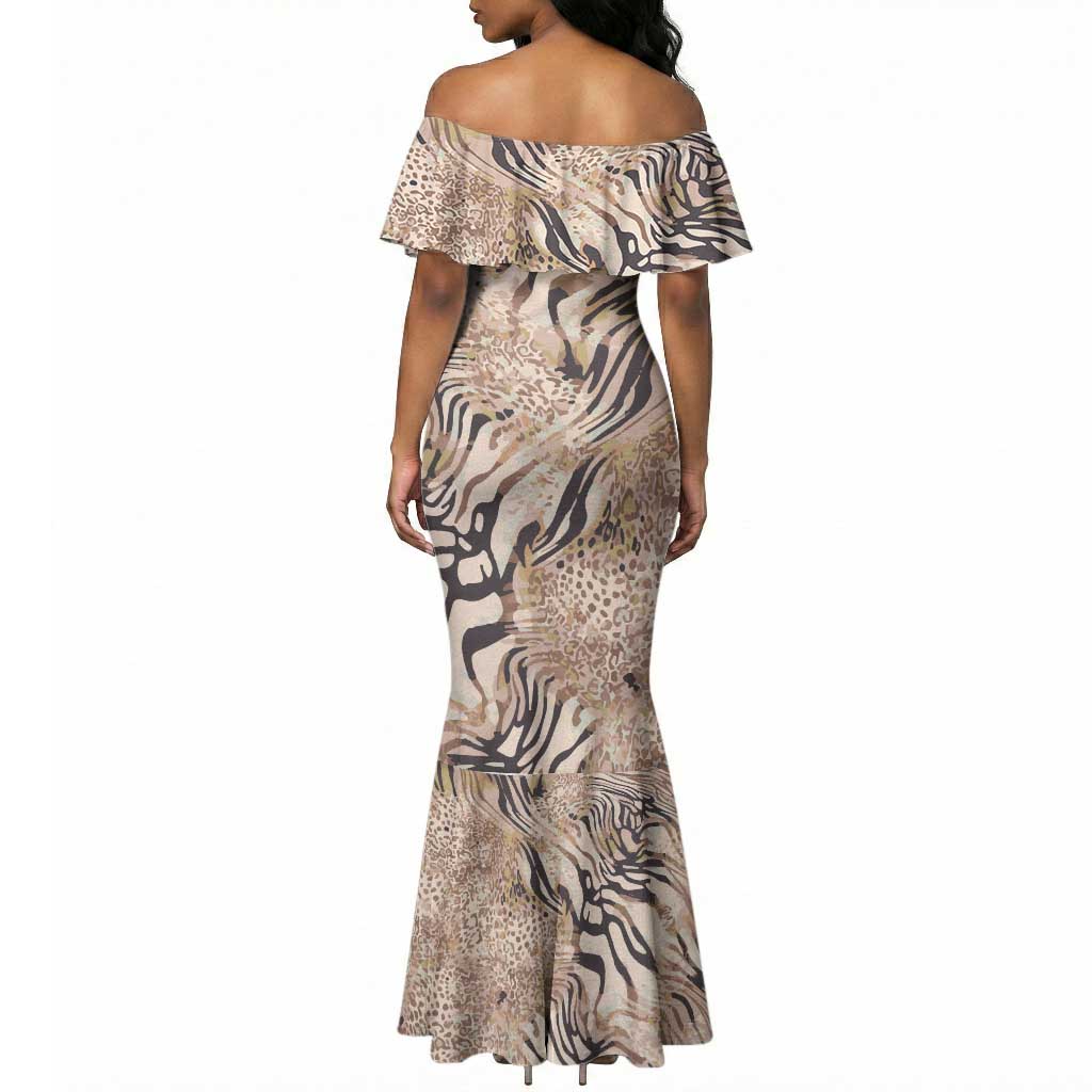African Zebra Leopard Pattern Mermaid Dress Sand Taupe Beige