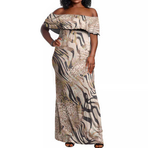 African Zebra Leopard Pattern Off Shoulder Maxi Dress Sand Taupe Beige